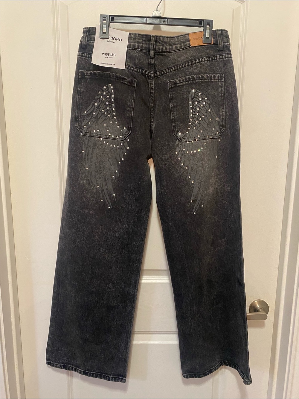 LOVE SOHO Wide Leg Women's Jeans with Studded Wing Detail - Black